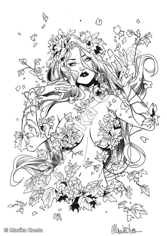 Commission by Marika Cresta: ink drawing of Poison Ivy among leaves and vines
