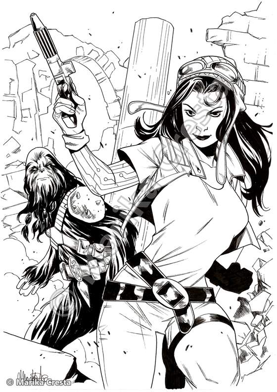 Commission by Marika Cresta: ink drawing of Doctor Aphra in aviator goggles with a blaster next to a Wookiee