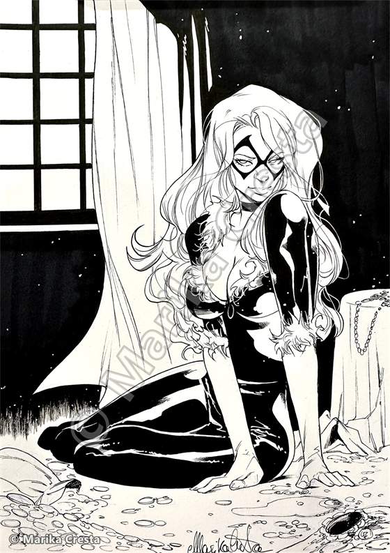 Commission by Marika Cresta: ink drawing of Black Cat kneeling by a window