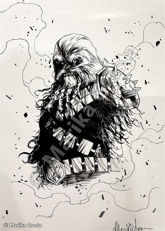 Commission by Marika Cresta: ink drawing of Chewbacca with his bandolier