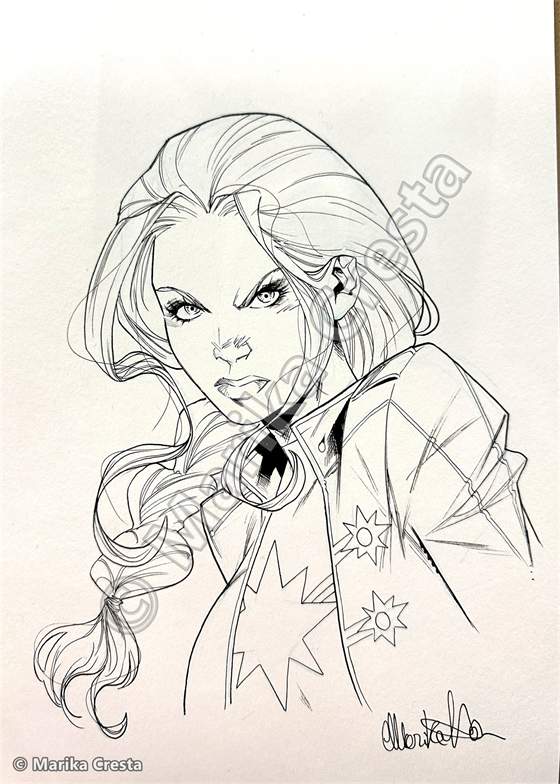 Commission by Marika Cresta: light line portrait of a superheroine with a star emblem on her costume