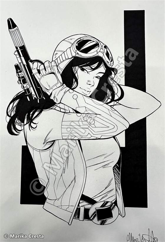 Commission by Marika Cresta: ink drawing of Doctor Aphra in aviator goggles with a blaster