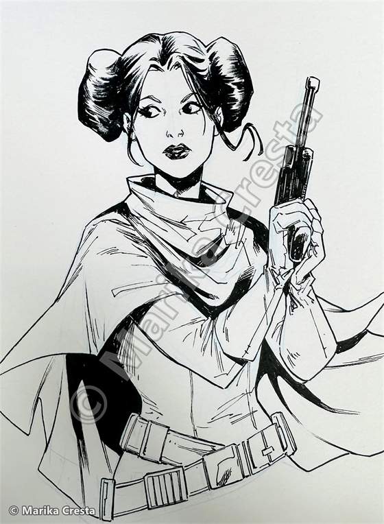 Commission by Marika Cresta: ink drawing of Princess Leia with her blaster