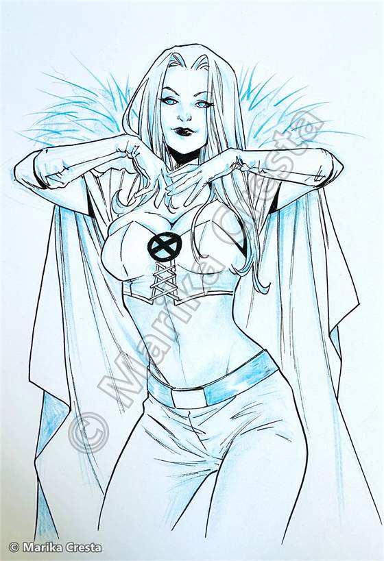 Commission by Marika Cresta: ink drawing of Emma Frost in white with the X symbol, with touches of light blue