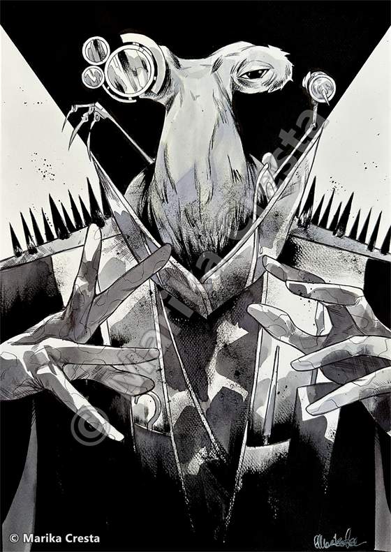 Commission by Marika Cresta: ink drawing of an alien creature with large bulging eyes on a black background