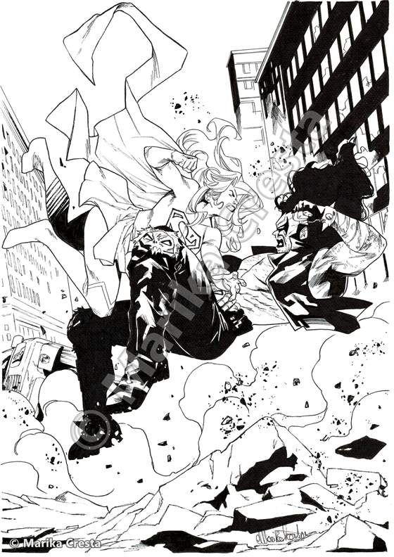 Commission by Marika Cresta: an action scene in a city, with characters fighting amid rubble and dust