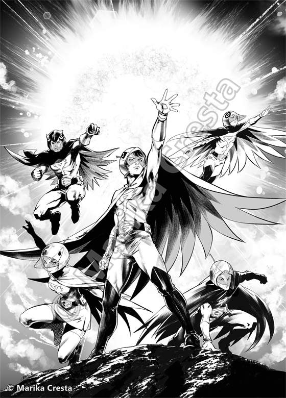 Artwork by Marika Cresta: a team of young superheroes in capes flying against a bright sky