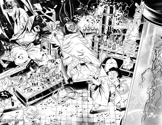 Comic double page by Marika Cresta: a messy laboratory with test tubes, equipment and characters scrambling away