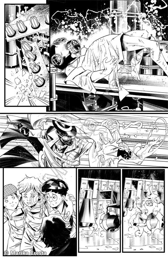 Comic page by Marika Cresta: an explosion in a laboratory and, below, a group of kids