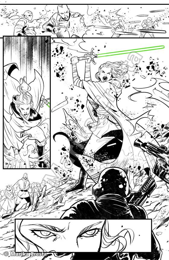 Comic page by Marika Cresta: a duel with a green lightsaber and a close-up of a fierce gaze