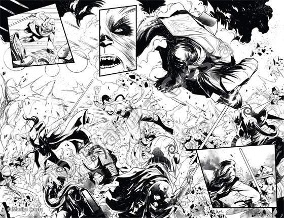 Comic double page by Marika Cresta: a chaotic battle with lightsabers and a Wookiee