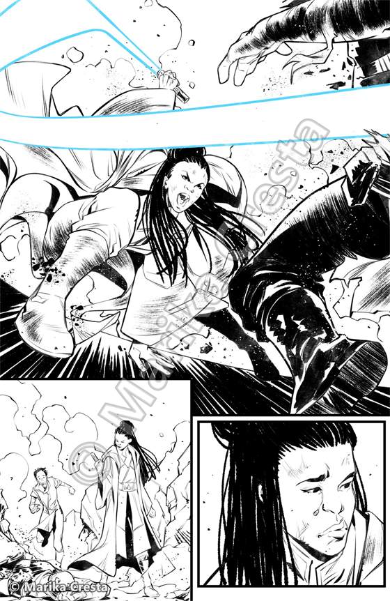 Comic page by Marika Cresta: a clash with a blue lightsaber and a woman with long braided hair