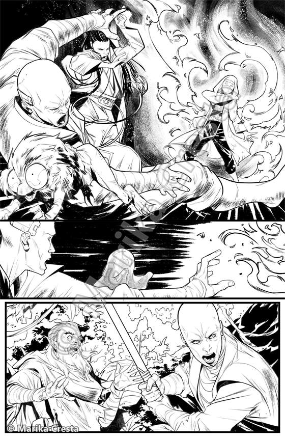 Comic page by Marika Cresta: a fight between robed characters and a lightsaber duel in the bottom panel