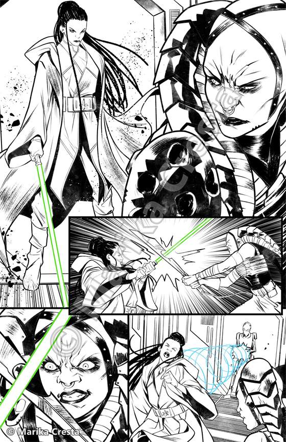 Comic page by Marika Cresta: a duel with green lightsabers, a woman in a long robe and an alien with a decorated face