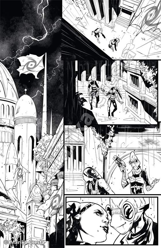 Comic page by Marika Cresta: a city of grand architecture with a spiral flag and, below, two characters in close-up