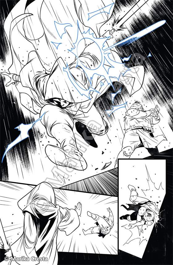 Comic page by Marika Cresta: a robed character plunging through blue lightning and debris