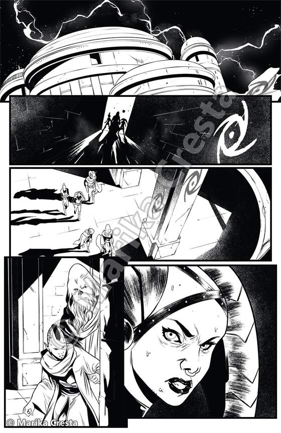 Comic page by Marika Cresta: a circular building under lightning and, below, a stern-looking woman