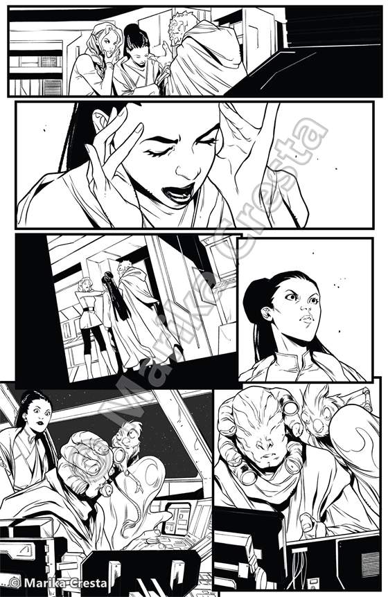 Comic page by Marika Cresta: a woman raising a hand to her face, aliens and a young woman in close-up