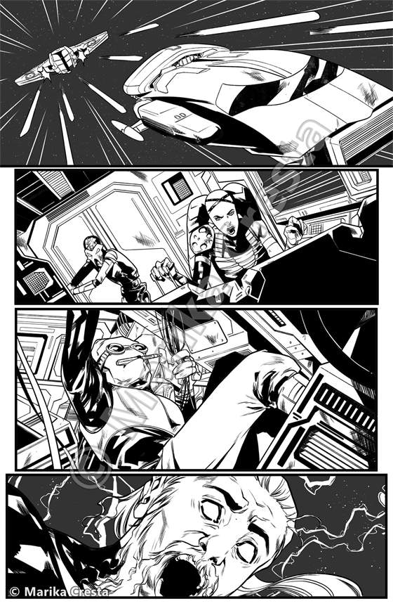 Comic page by Marika Cresta: a spaceship in flight, the inside of a vehicle and, below, a screaming face