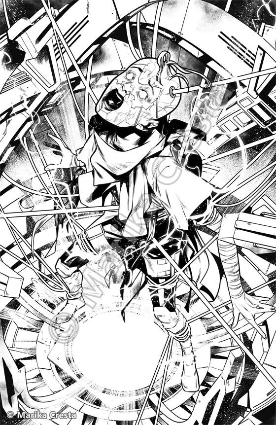 Comic page by Marika Cresta: a figure suspended in a structure of cables and machinery