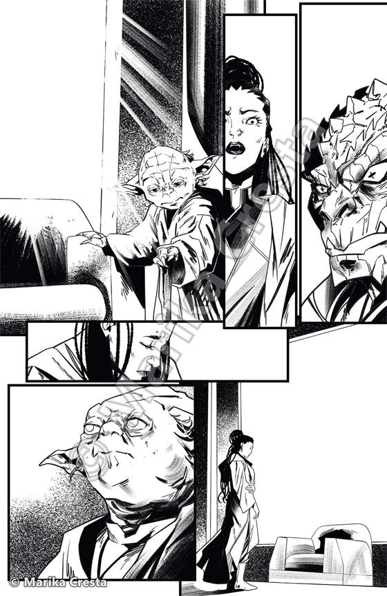 Comic page by Marika Cresta: Yoda with a woman and a reptilian alien