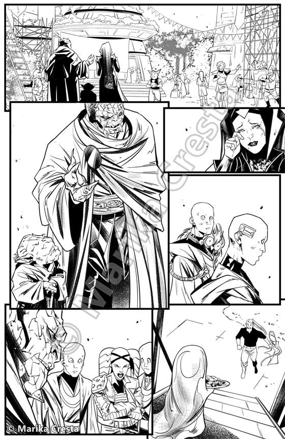 Comic page by Marika Cresta: a cloaked character and a crowd of aliens in a plaza