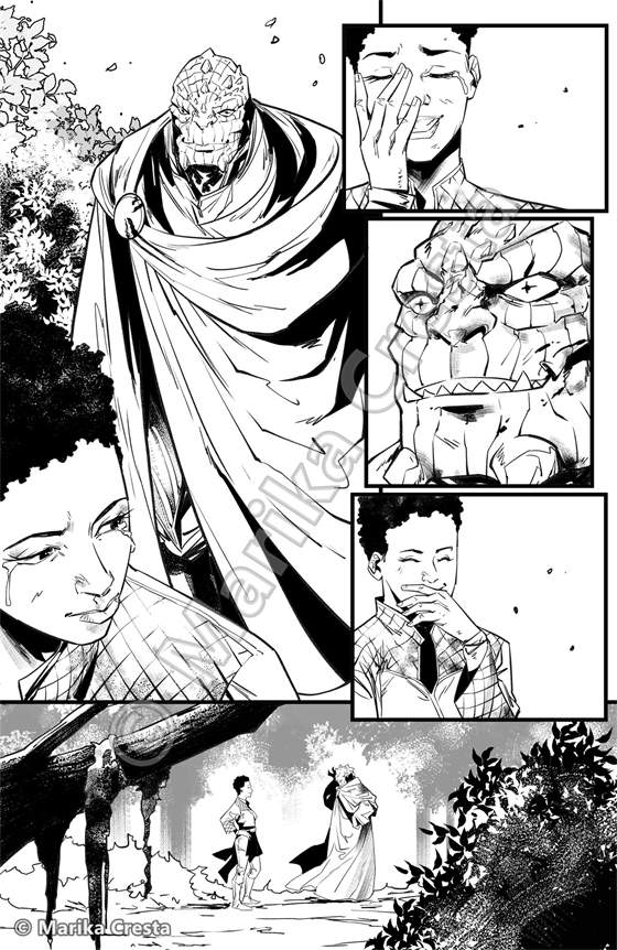 Comic page by Marika Cresta: a cloaked reptilian alien, a young woman in close-up and a scene in a ruined garden