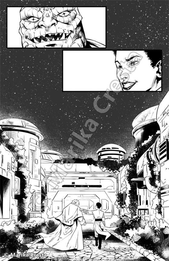 Comic page by Marika Cresta: a ruined city street overgrown with plants, with two figures walking