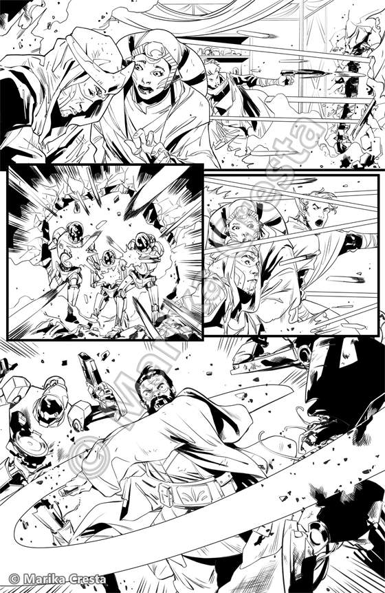 Comic page by Marika Cresta: an action scene with an explosion and characters charging in