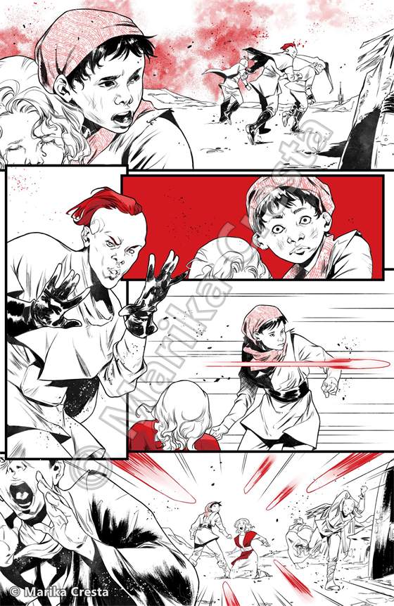 Comic page by Marika Cresta: kids running through red blaster fire, with red colour accents