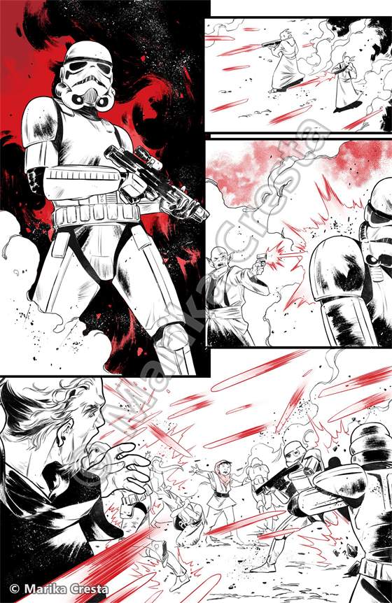 Comic page by Marika Cresta: a Stormtrooper in the foreground with splashes of red and a firefight
