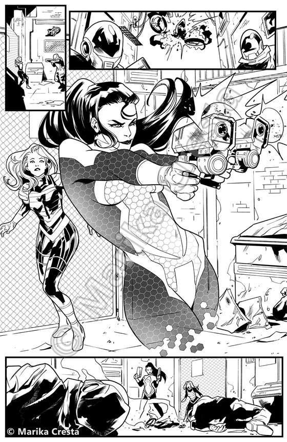 Comic page by Marika Cresta: a woman in a dark scaled costume firing a pistol in an alley